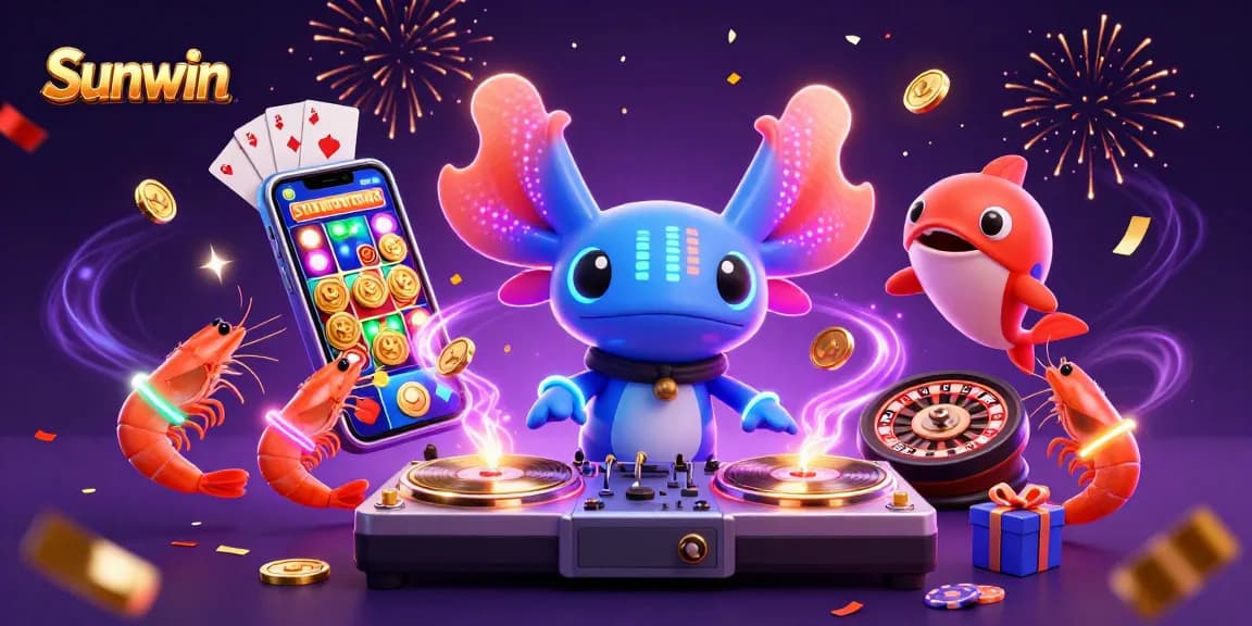 Exciting Sunwin gameplay with a vibrant DJ axolotl and interactive casino elements.