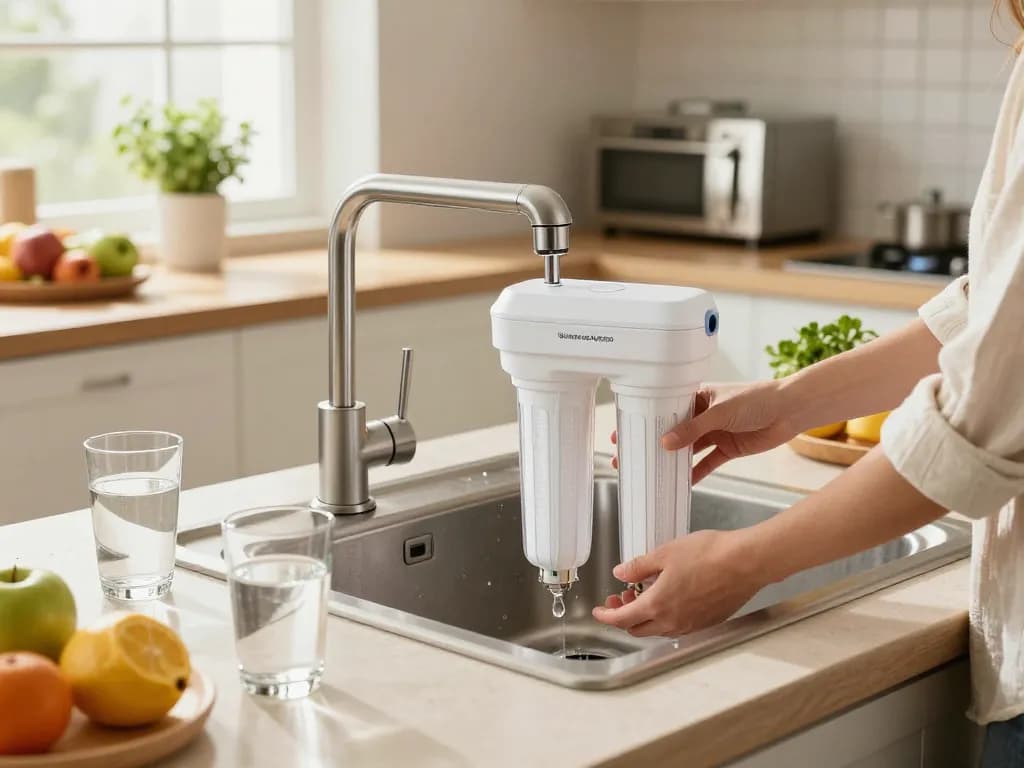 Waterdrop 4396508 Replacement for Whirlpool® 4396510 being installed in a bright kitchen setting, showcasing clean water and fresh ingredients.