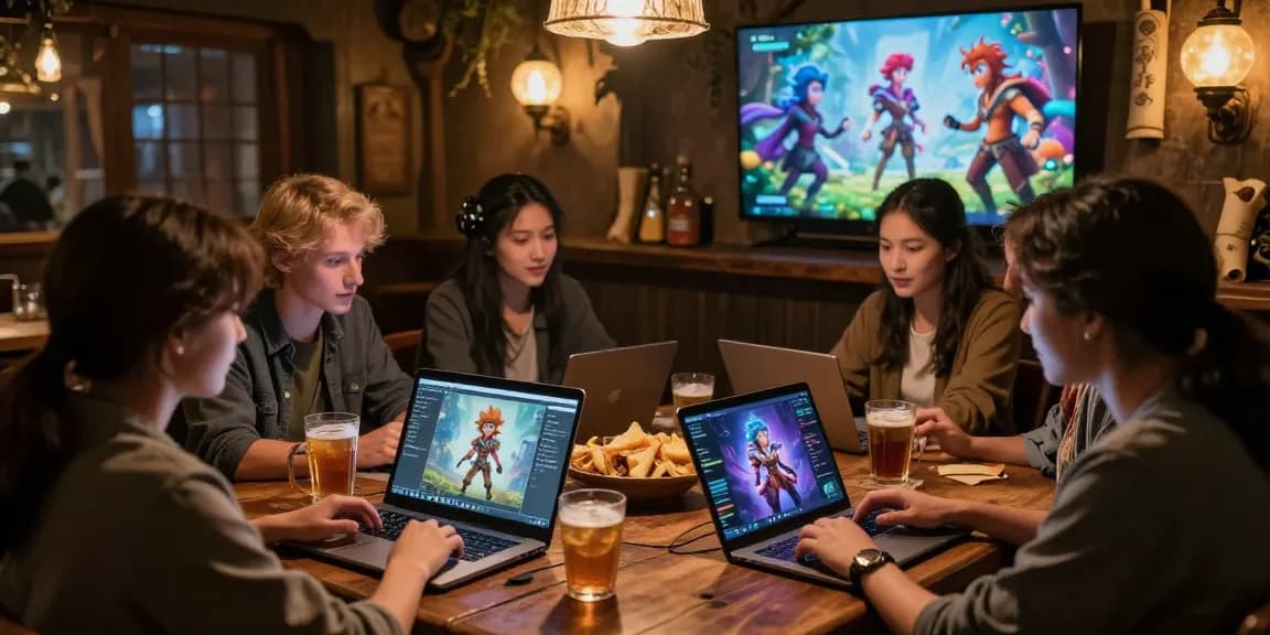 Users engage with Tavern AI in a cozy tavern setting, showcasing interactive character creation and storytelling.