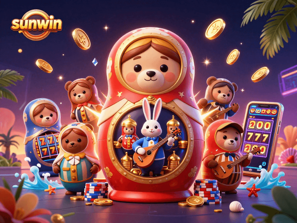 Experience the excitement of sunwin with a vibrant 3D scene of lucky casino elements and playful characters.