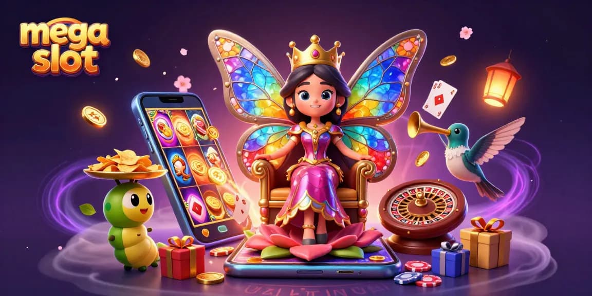Mesin slot mega slot yang penuh warna dengan karakter unik dalam ilustrasi kasino yang menarik.