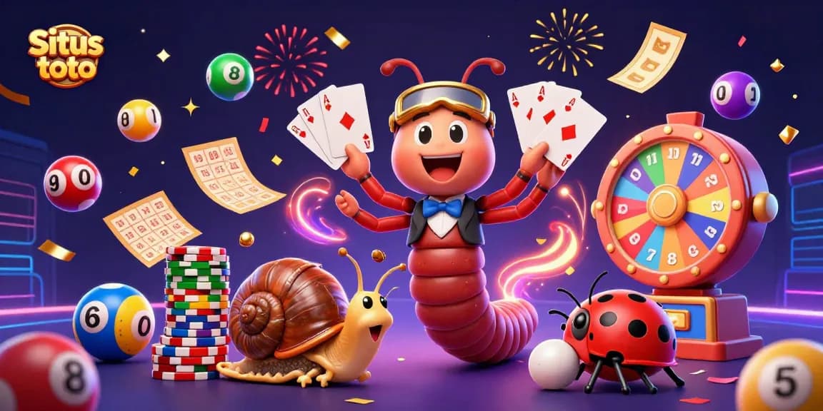 Situs toto vibrant illustration showcasing a cartoon millipede dealer and a snail high-roller amidst casino elements.