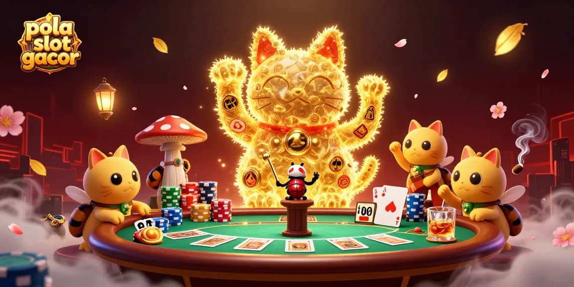Engage with pola slot gacor as golden fireflies form a lucky cat among vibrant casino elements.