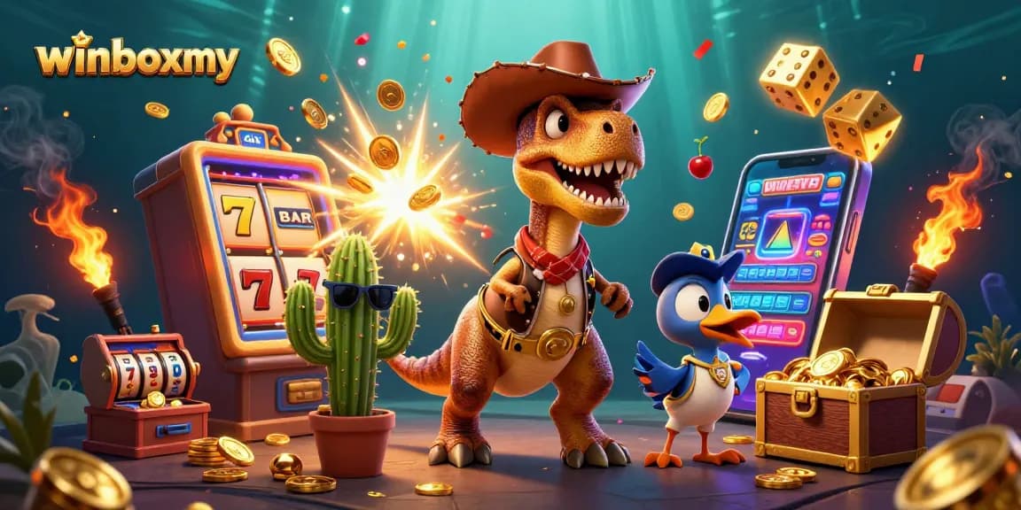 Experience the thrill of winboxmy with a dynamic illustration featuring a T-Rex cowboy, cactus, and casino games.