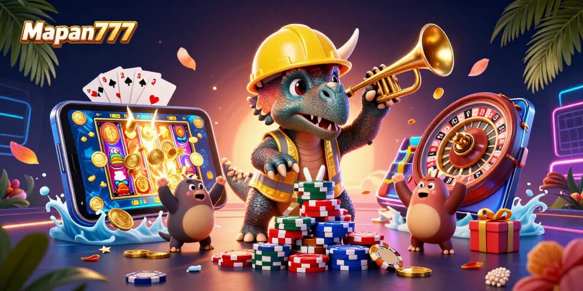 Experience captivating gaming with Mapan777 as playful dinosaurs celebrate a poker victory!