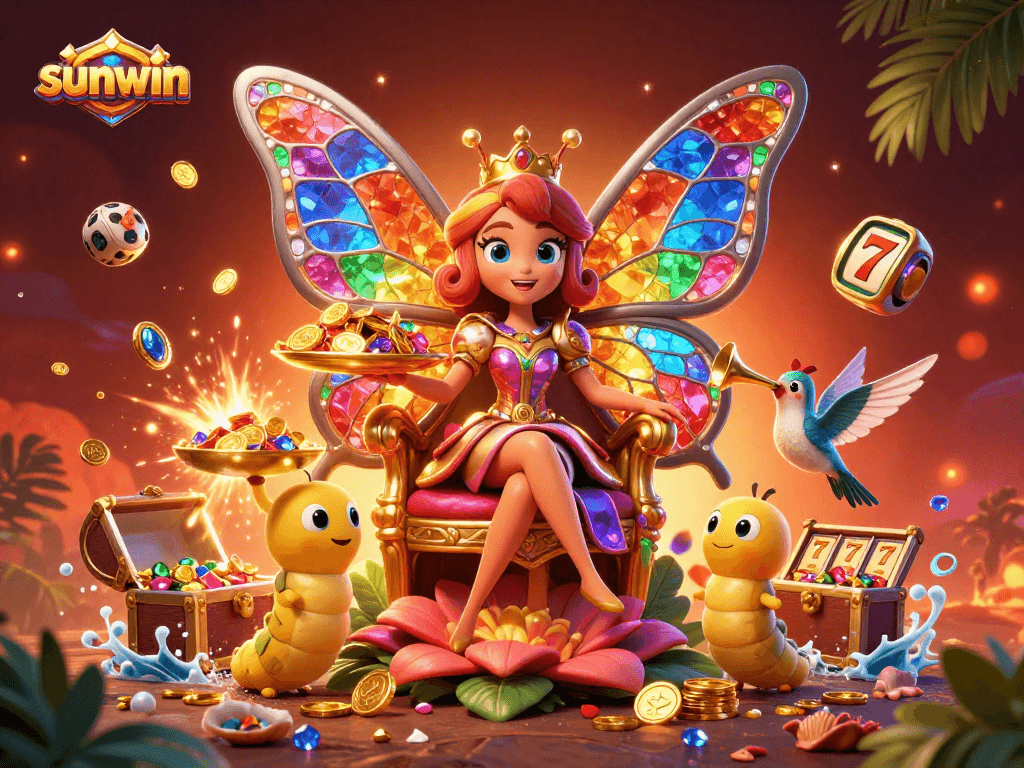 Experience the vibrant world of sunwin slots with the butterfly queen in a dynamic 3D illustration.