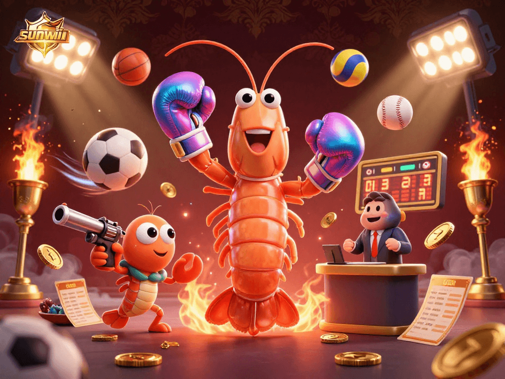 Engage with sunwin betting action featuring a cartoon mantis shrimp and sports balls in a vibrant casino scene.