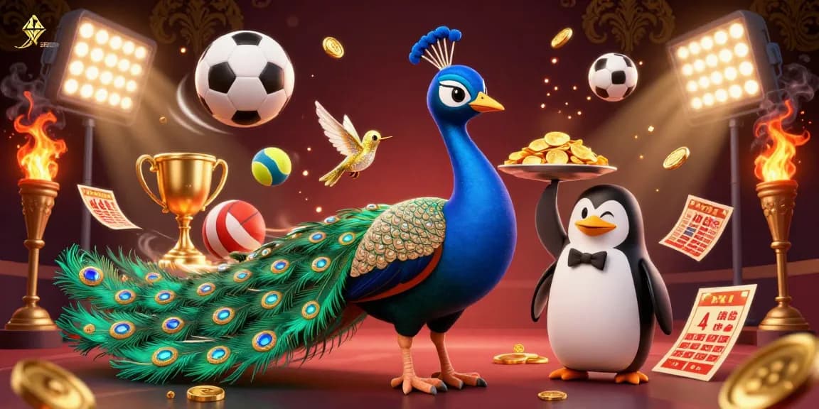 Place bets with 188BET while enjoying vibrant 3D casino graphics featuring a peacock, penguin, and dynamic sports elements.