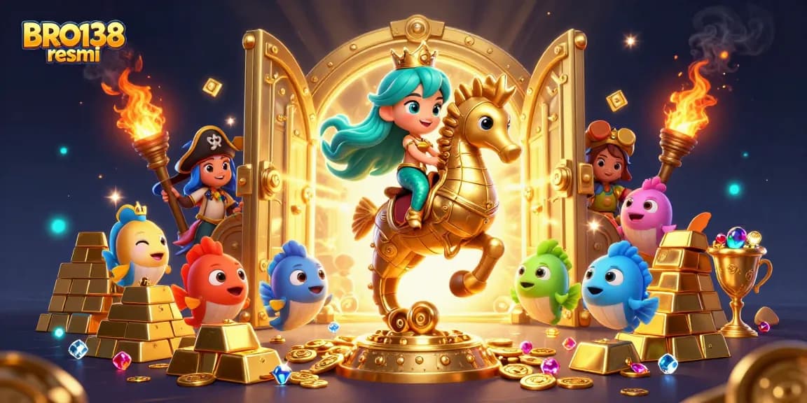 BRO138 resmi captures players' excitement in a vibrant casino-themed scene with treasures and mermaid characters.