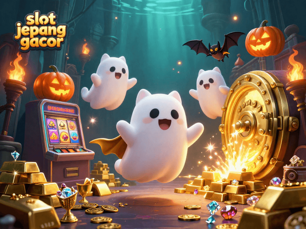 Engage with slot jepang gacor in a vibrant haunted casino scene full of treasure and excitement.