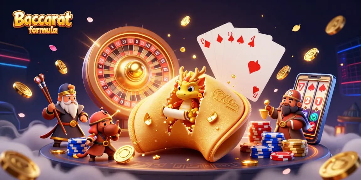 Experience Baccarat formula with a dynamic 3D scene of a golden fortune cookie, wise dragon, and casino elements.