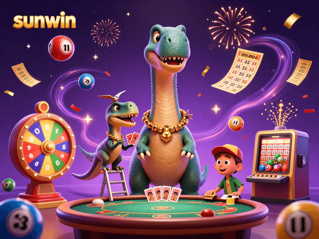 Experience sunwin excitement with a vibrant scene of casino-themed characters surrounded by lottery elements.