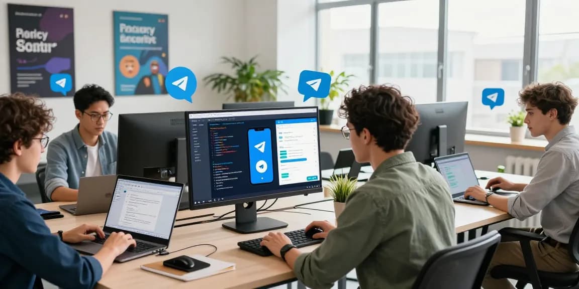Developers collaborating on Telegram Download project in a vibrant workspace