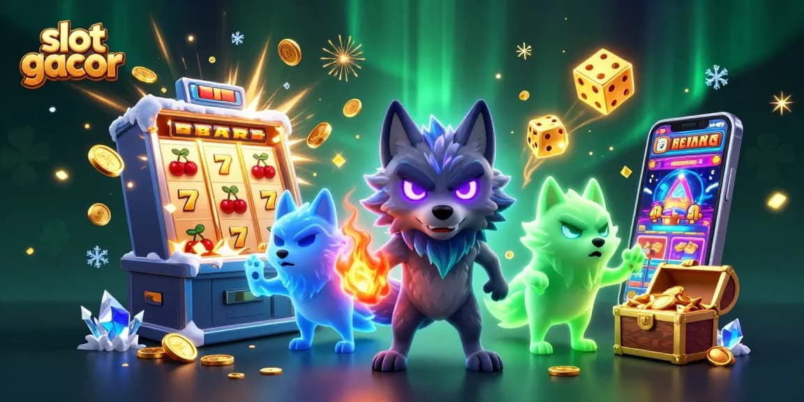 Experience thrilling gameplay with slot gacor, featuring vibrant wolves among a jackpot explosion of coins.