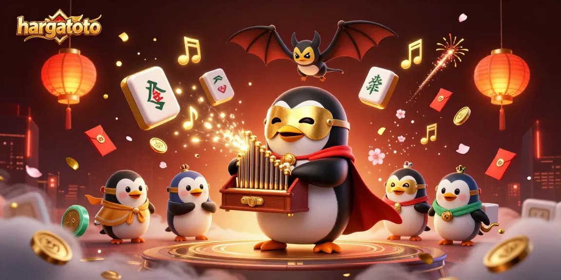 hargatoto captures the excitement of winning with a penguin playing a pipe organ shooting golden coins in a casino.