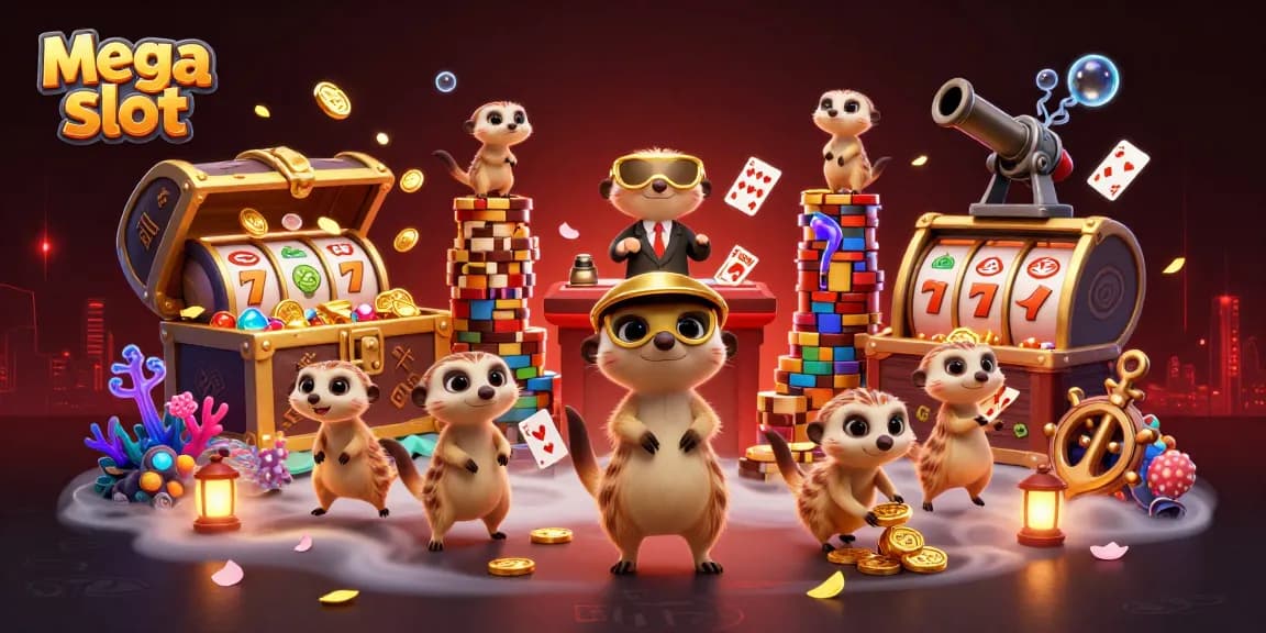 Mega slot menghadirkan ilustrasi kasino yang dinamis dengan meerkat, simbol keberuntungan, dan banyak emas.