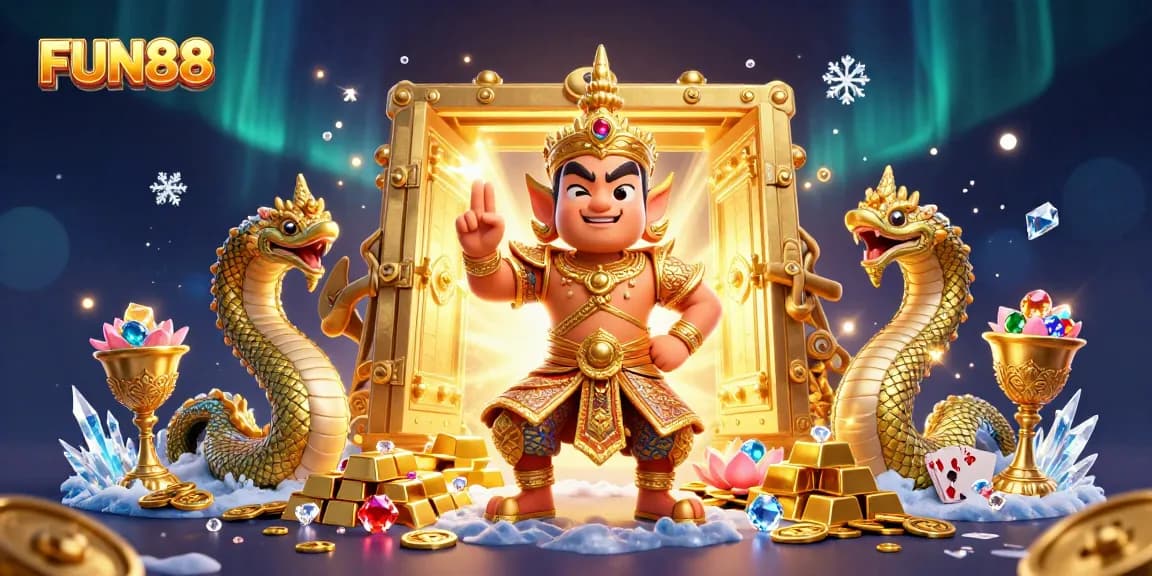Experience the thrill of FUN88 live casino with engaging graphics, golden treasures, and festive atmosphere.
