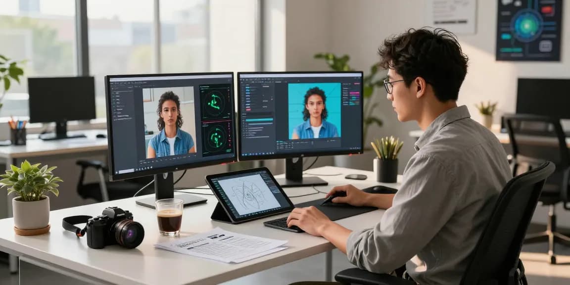 AI image checker analysis in a modern tech workspace with screens and tools.