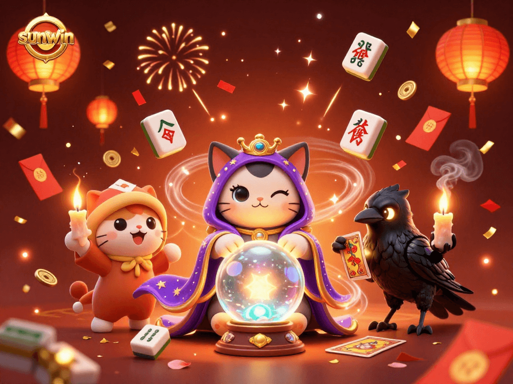 Experience the vibrant world of sunwin with this captivating casino-themed illustration showcasing a mystic feline.