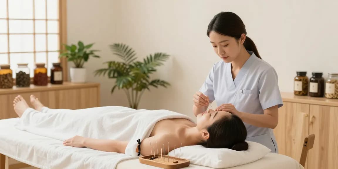 A tranquil treatment scene at 수원한의원, showcasing acupuncture therapy in a serene healing environment.