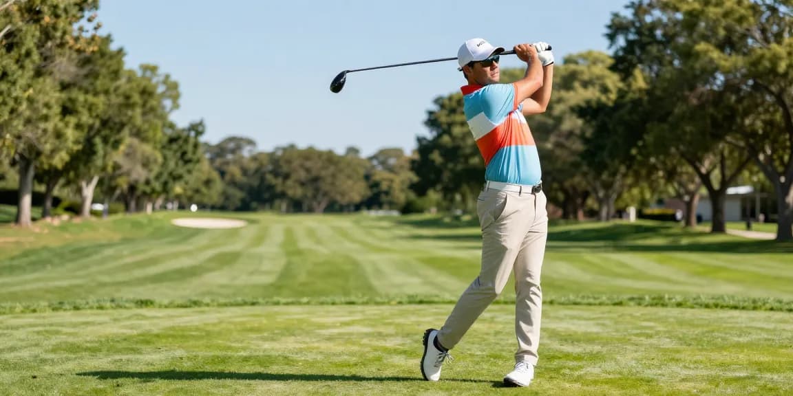 Golfer wearing stylish 골프웨어 레플리카 swinging a driver on a bright golf course with greenery.
