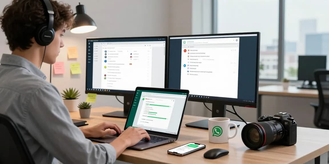 Person using WhatsApp電腦版 on a modern desk with tech gadgets.