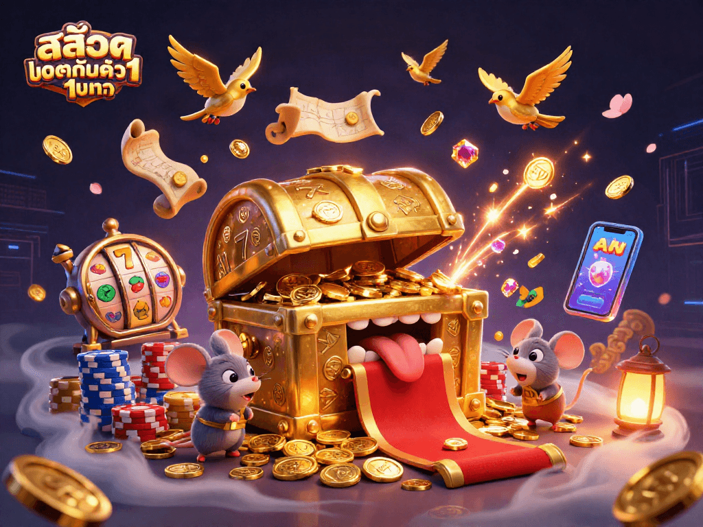 Engage in exciting gameplay with สล็อตฝากขั้นต่ำ1บาท featuring a dynamic scene of animated characters, casino elements, and vibrant graphics.