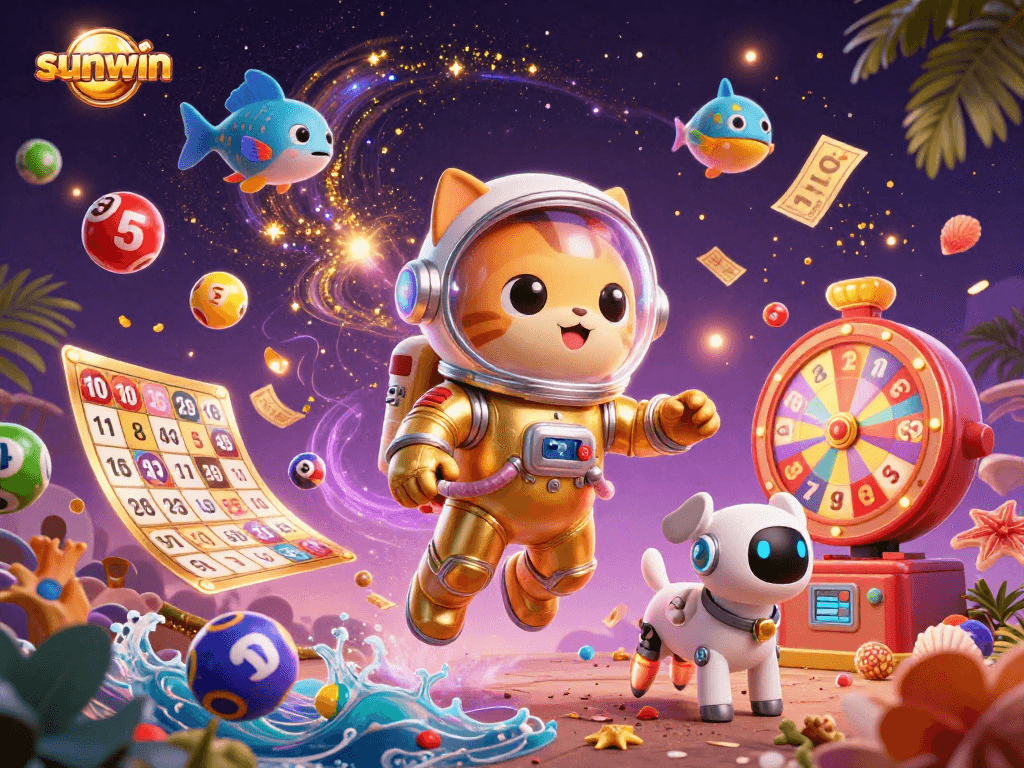Win big with sunwin in this vibrant lottery-themed 3D illustration featuring dynamic characters.