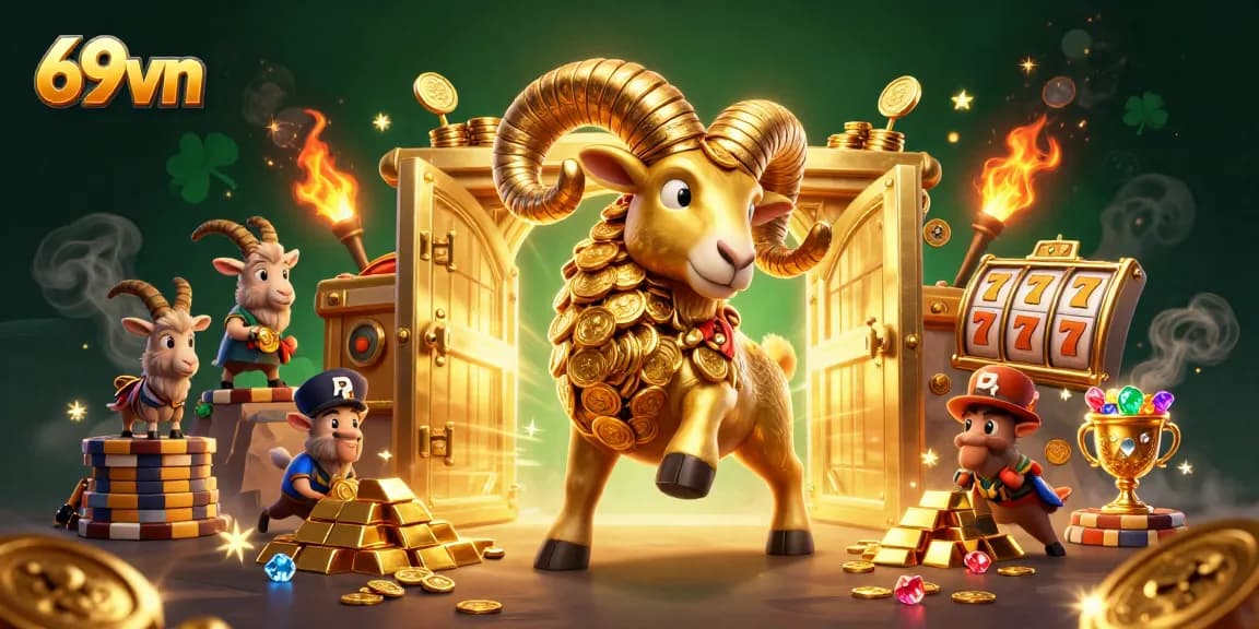 Engage your luck at 69vn with a vibrant, action-packed casino illustration featuring a charging golden ram.