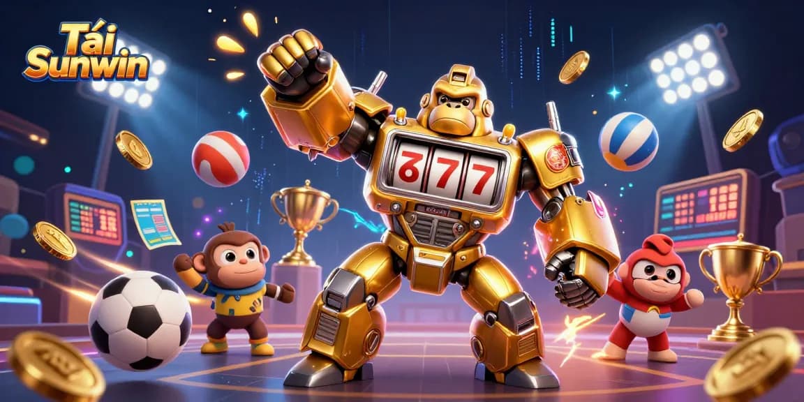 Tải Sunwin with golden gorilla mech and vibrant casino elements, showcasing thrilling gameplay.