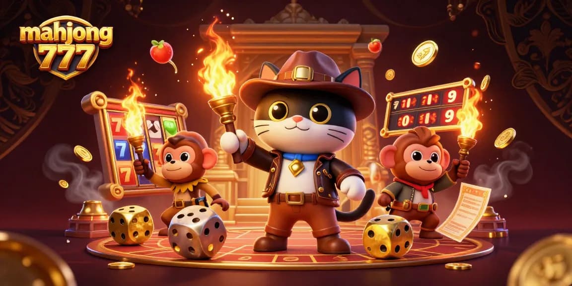 Engage in mahjong 777 action with a whimsical exploring cat and dynamic casino elements.