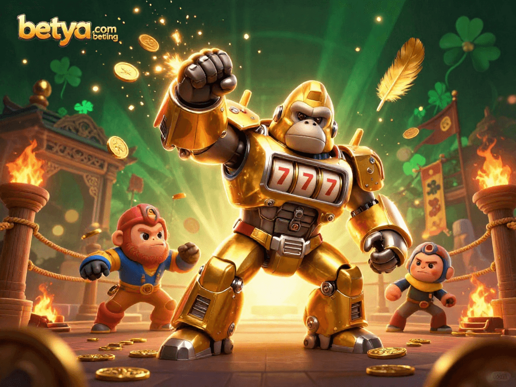 Engage in betya.com mma betting with dynamic scenes featuring a golden gorilla mech in action.