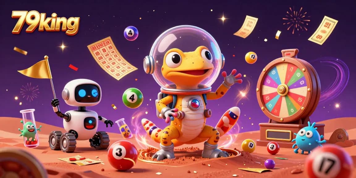 Engaging illustration of 79king featuring Martian gecko discovering a golden casino amidst lottery elements.