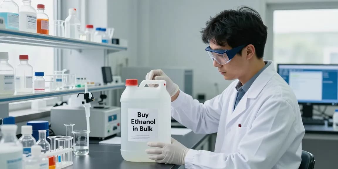 Buy ethanol in bulk with a scientist analyzing chemical data in a laboratory setting.
