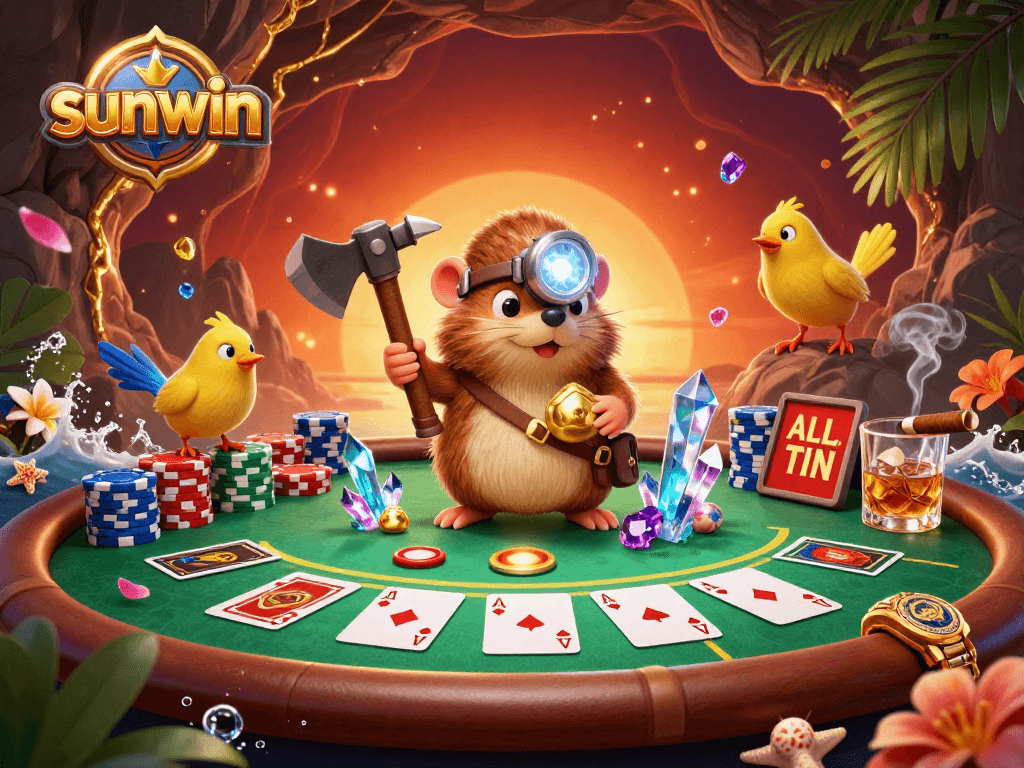 Engage with sunwin's vibrant 3D treasure hunter scene at a dynamic poker table, capturing the thrill of gambling.