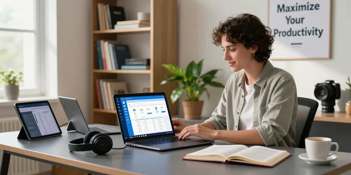 Download WPS Office in a modern home office setting with a laptop, tech gadgets, and bright lighting.
