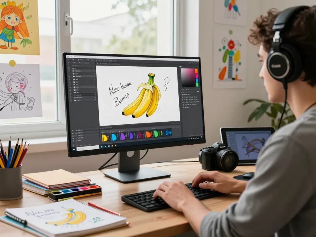 Digital artist using Nano Banana AI image editor in a vibrant creative workspace.