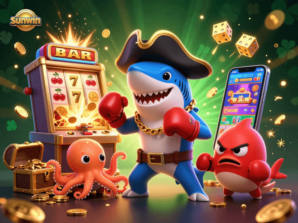 Engage in winning slots action with sunwin in a vibrant 3D casino scene filled with characters and game elements.