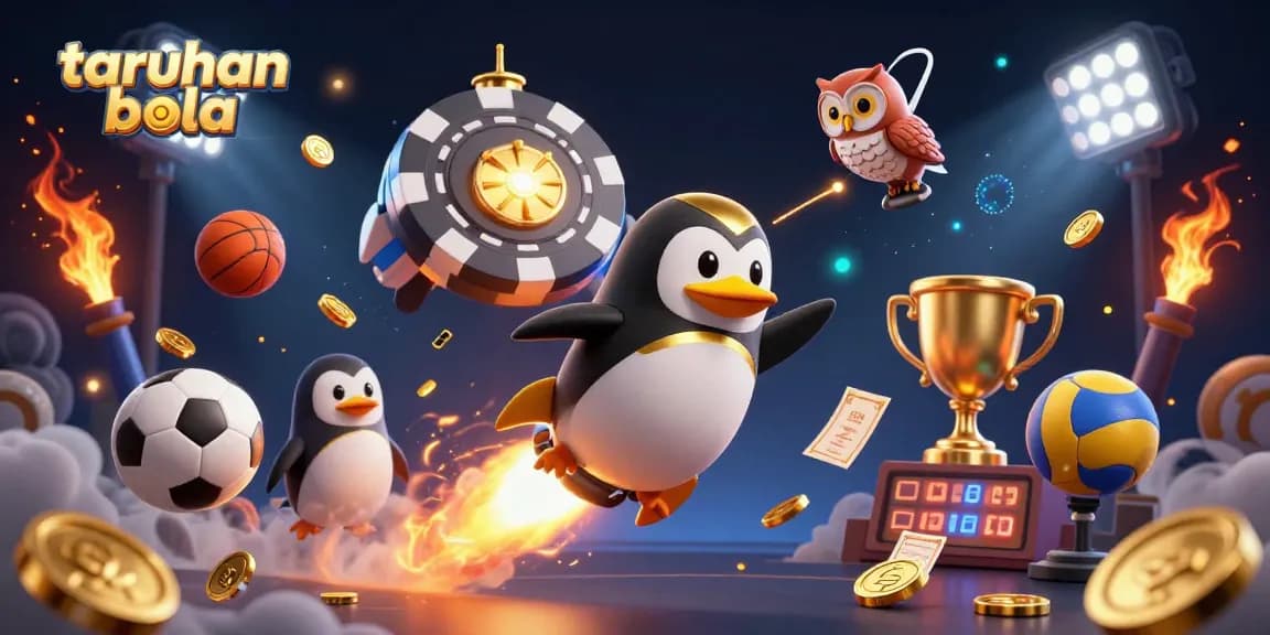 Engage in taruhan bola with vibrant graphics of a golden penguin and sports elements in a dazzling scene.