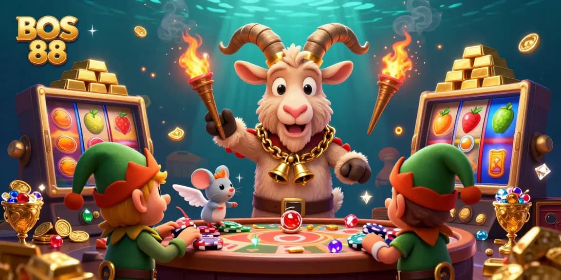 Bermain slot online BOS 88 dengan suasana kasino penuh warna dan gerombolan karakter lucu.