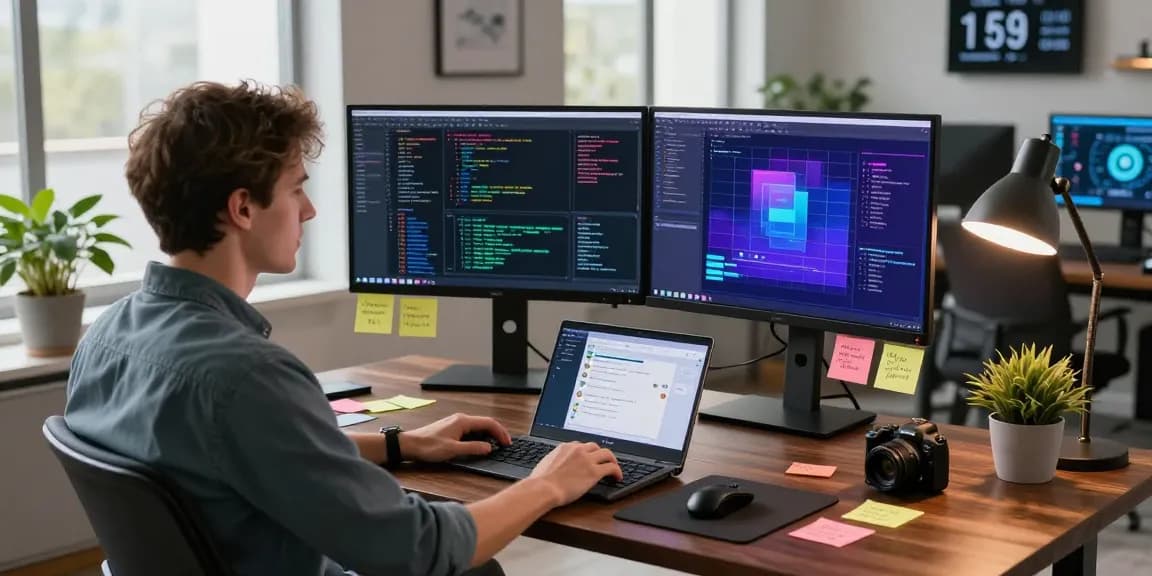 Developer using koboldai on dual monitors in a modern workspace