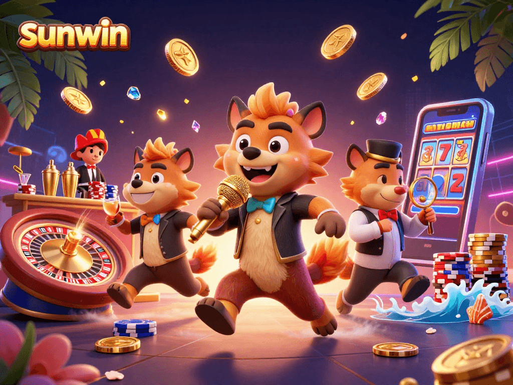 Experience the sunwin casino excitement in this vibrant cartoon illustration featuring hyenas and dynamic gaming elements.