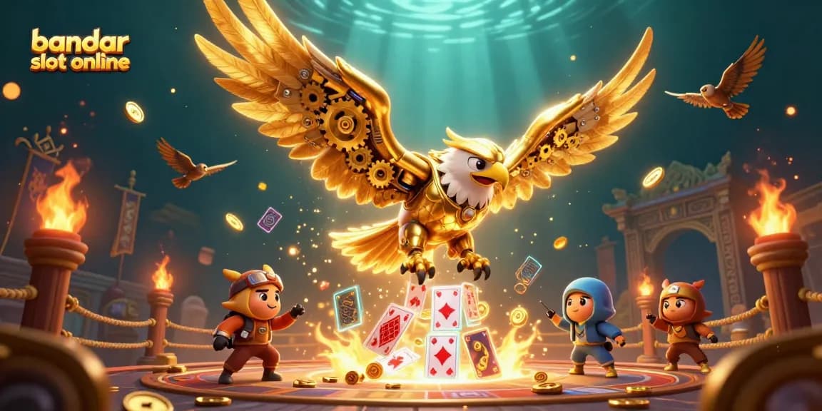 Experience exhilarating action with bandar slot online amid golden eagles and game cards swirling in vibrant energy.