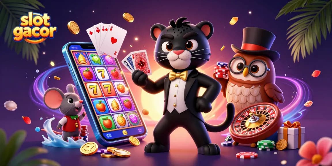 Engage in slot gacor action with a stylish panther dealing cards in an animated casino scene.