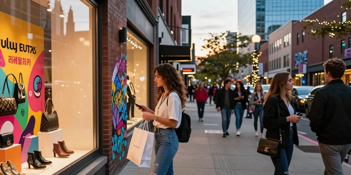 Dynamic urban shopping scene featuring stylish woman at 레플리카 쇼핑몰 storefront.