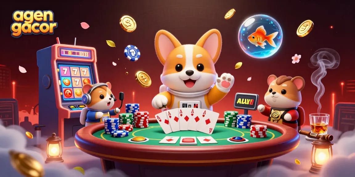 Experience thrilling wins on agen gacor with floating slot machines and animated characters