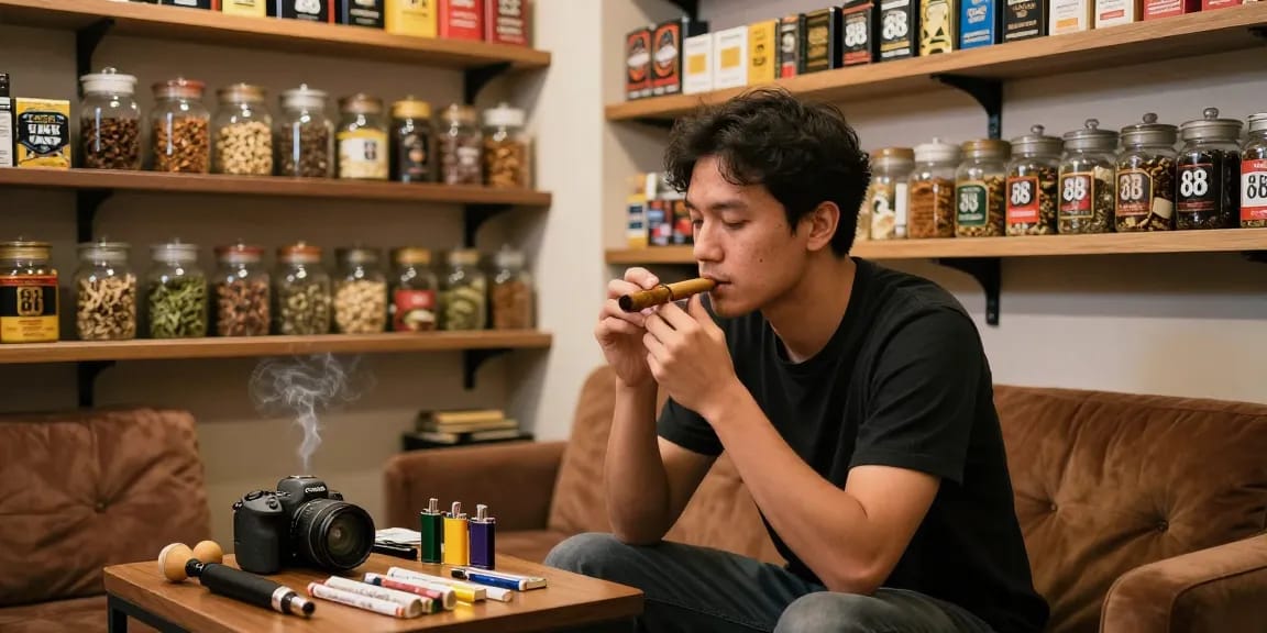 Enjoying rokok 88 in a cozy smoke shop with friendly ambiance and various tobacco products.