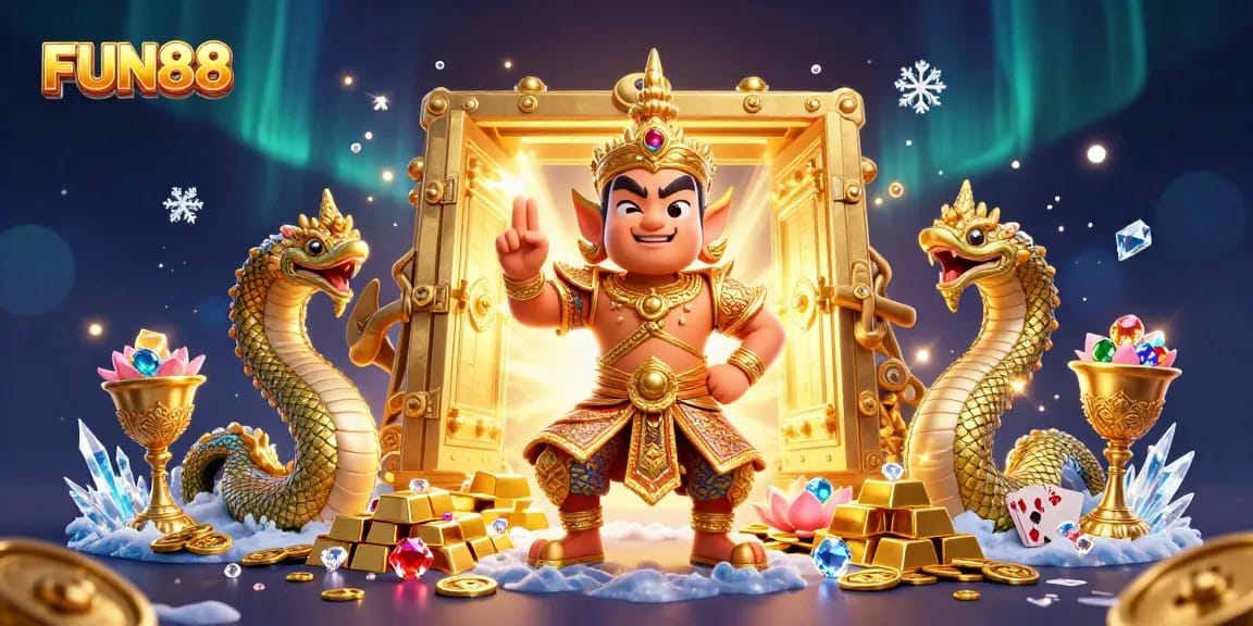 Experience the thrill of FUN88 live casino with engaging graphics, golden treasures, and festive atmosphere.