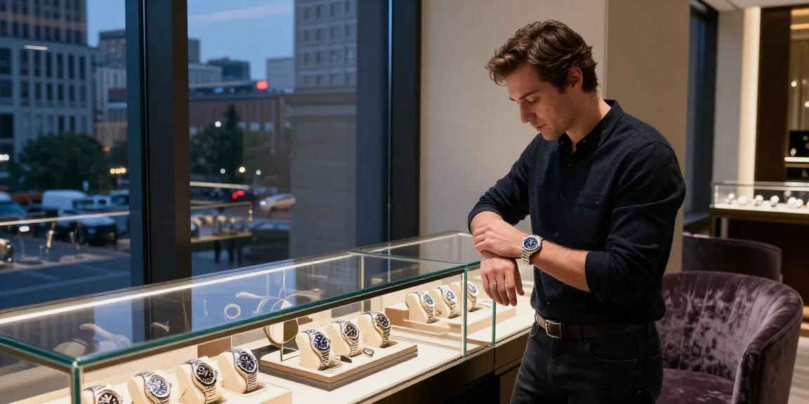 Admiring a luxury rolex replica watch in a stylish urban setting