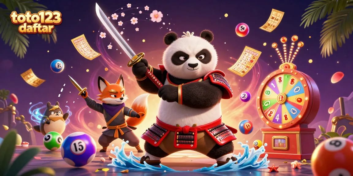 Toto123 daftar showcases a vibrant scene with a samurai panda and ninja fox surrounded by lottery elements